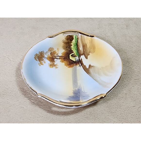 Nippon Bowl w/ Handle Cottage Landscape 7" Gold Trim 1891 - 1921 Hand Painted - Picture 6 of 13